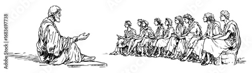 teacher speaking to group of seated men in ancient setting