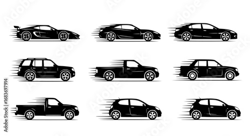 A fleet of sleek, black cars, each a unique silhouette of automotive design, speed across the scene, their motion captured in dynamic lines. The cars are varied. vector illustration