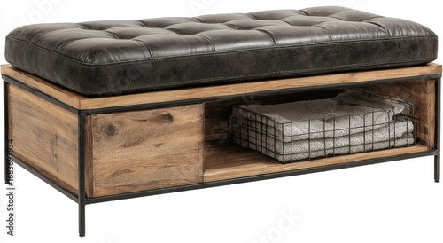 Dark gray leather upholstered bench with wood storage
