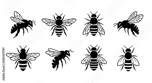 A meticulously crafted illustration showcases a series of graceful bees, each depicted in exquisite detail against a neutral background, symbolizing industry, nature, and ecological harmony.