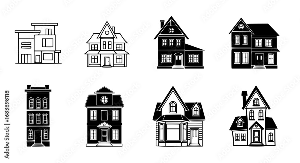Fototapeta premium A diverse collection of meticulously designed house silhouettes, showcasing a range of architectural styles, presented in a visually striking composition. vector illustration