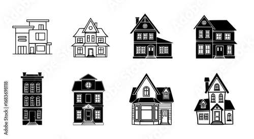 A diverse collection of meticulously designed house silhouettes, showcasing a range of architectural styles, presented in a visually striking composition. vector illustration