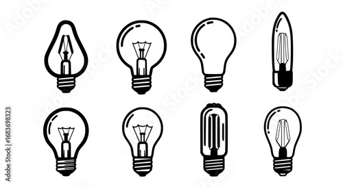Illuminating various designs of light bulbs arranged symmetrically, demonstrating the brilliance of innovation and various ideas.  vector illustration