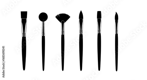 A collection of various paintbrushes, each meticulously silhouetted to highlight their unique shapes, poised for artistic expression. A monochromatic composition emphasizes the clean lines.
