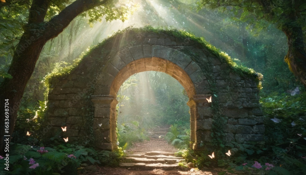 Fototapeta premium Sunbeams Illuminate a Stone Archway in a Lush, Enchanting Forest