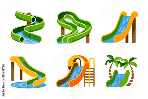 Water park slide vector set, spiral tubes, tropical pool fun, aqua adventure rides, summer entertainment, amusement design illustrations