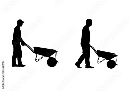 A collection of isolated black silhouettes depicting a man engaged in manual labor pushing a wheelbarrow on a white background