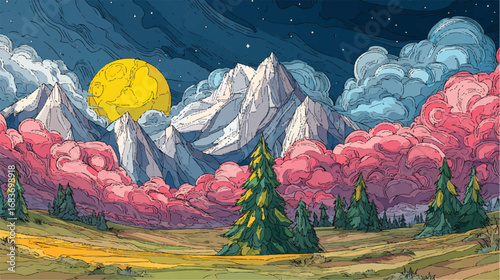 Colorful Illustrated Mountain Landscape with Full Moon and Pine Trees Creates Serene and Surreal Environment