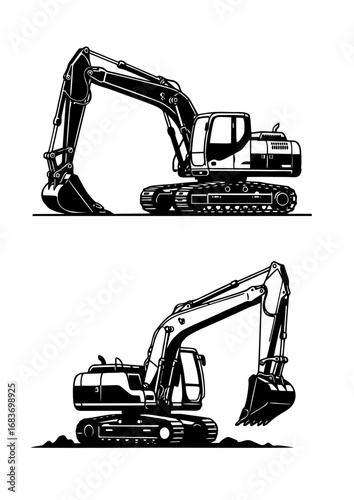 Wallpaper Mural Set of two black excavator illustrations, heavy-duty construction machinery in a detailed vector silhouette style Torontodigital.ca