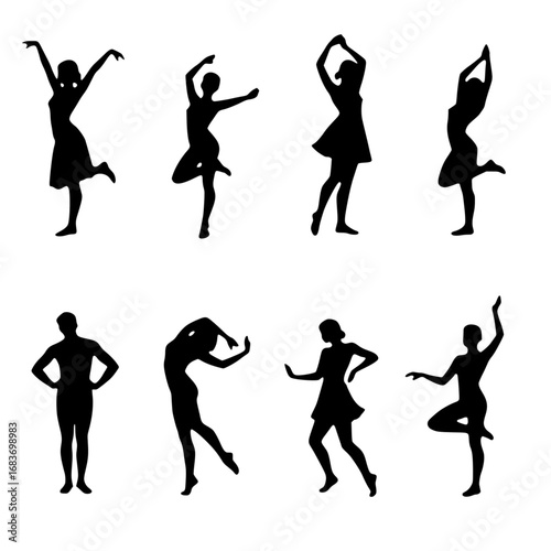 Graceful silhouettes of dancers showcase elegant movements, highlighting the beauty and artistry of human form in motion. Each silhouette embodies a unique pose. vector illustration