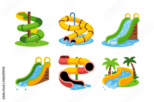 Amusement park waterslide collection, spiral tubes, inflatable pool fun, tropical palm decorations, aqua adventure activities, summer recreation icons
