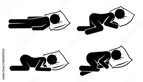 Minimalist stickman icon set showing different sleeping positions with a pillow. Perfect for concepts like rest, sleep, relaxation, bedtime, nap, comfort, insomnia, or sleeping habits illustrations.