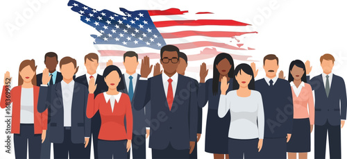 Diverse group pledges allegiance with American flag background