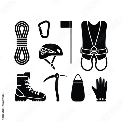 Outdoor adventure gear collection rock climbing hiking mountaineering safety equipment set