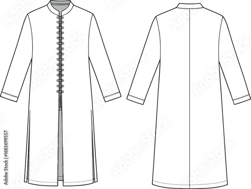 Long sleeve mandarin collar coat dress, front back flat sketch, CAD fashion drawing, vector design illustration, women garment detail outline