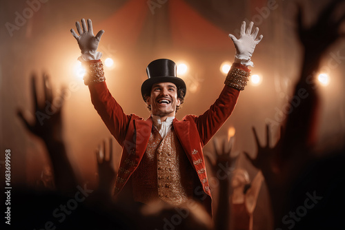 A charismatic circus ringmaster captivating the crowd with his performance. The ringmaster is wearing a top hat, gloves, and a red coat with gold embellishments.