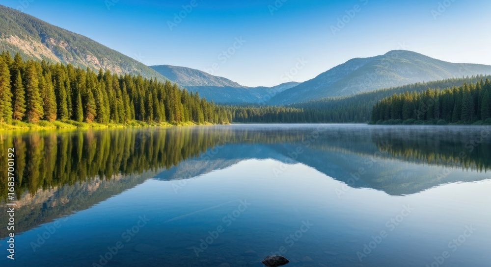 Fototapeta premium Serene lake mirroring mountains. Tranquil morning mist over still water. Lush pine forest borders the shore