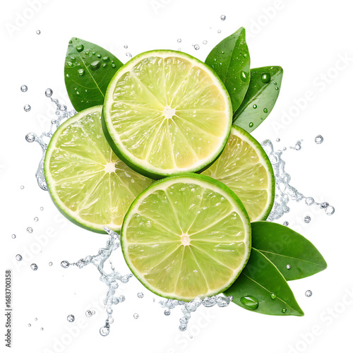 Fresh lime slices with water splashes and green leaves isolated on transparent background