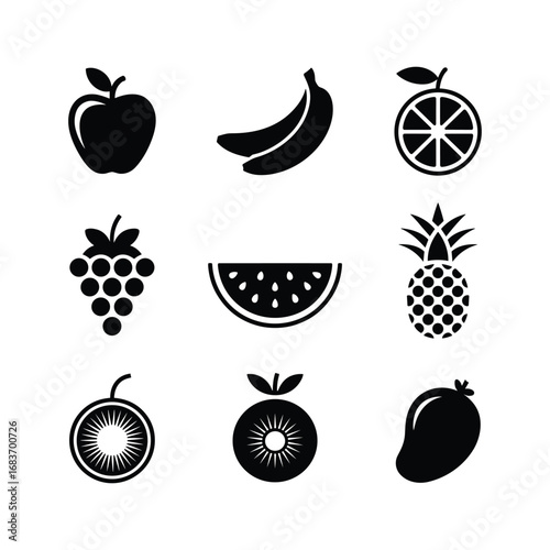 Collection of fresh fruit icons featuring apple banana orange grapes watermelon pineapple kiwi mango