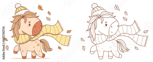 Cute Autumn Horse in Hat and Scarf with Fall Leaves. Outline Line and Color drawing, Coloring book. Isolated Funny kawaii seasonal animal. Vector illustration. Kids collection. Not AI