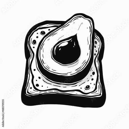 Black and white illustration of avocado toast on slice of bread  