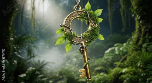 Enchanted forest key with moss and leaves hanging from a necklace