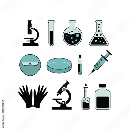 Scientific laboratory equipment icons set microscope flask syringe gloves for medical research and healthcare