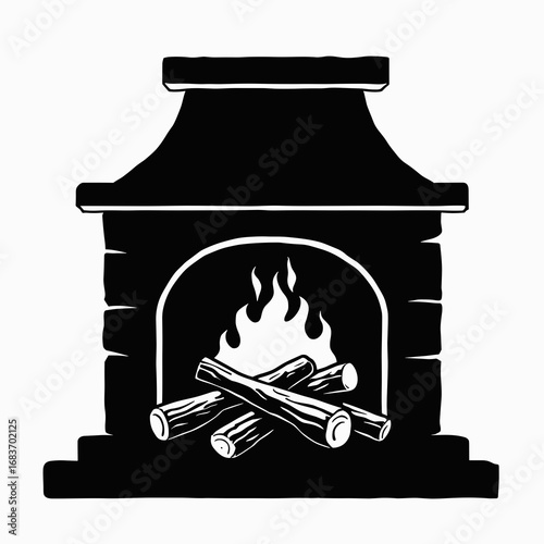 Black silhouette of fireplace with logs and flames on white background  