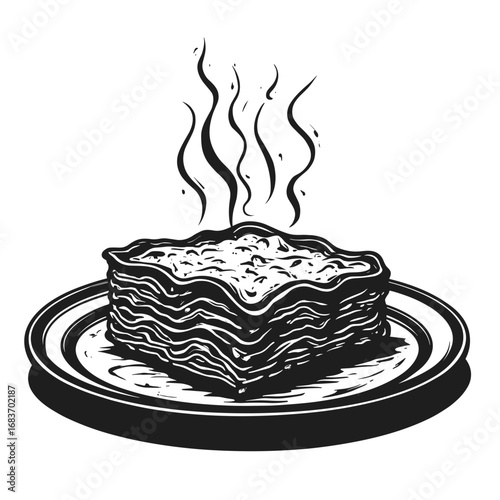 Black silhouette of lasagna on plate with steam rising  