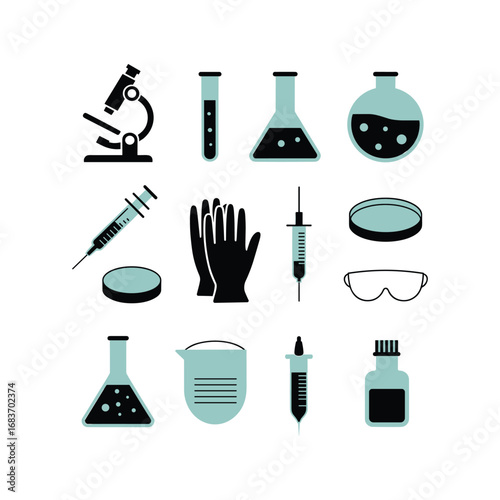 Laboratory equipment icons set featuring microscope flasks beakers pipettes gloves and safety goggles