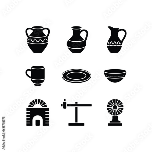 Collection of rustic pottery and agricultural symbols including vases jugs mugs windmill and kiln