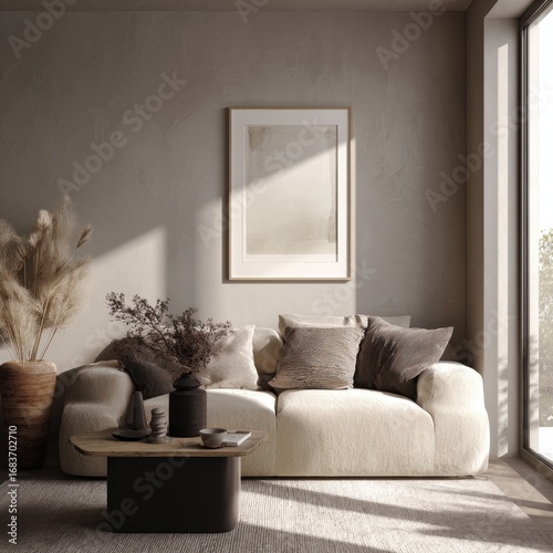 Modern light-filled living room featuring blank white frame mockup, cozy neutral furniture, minimal design, soft natural light from large window, ideal mockup for artwork, prints and creative staging