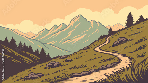 Scenic mountain trail at sunrise with vibrant sky