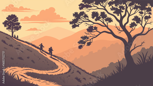 Scenic mountain trail at sunrise with vibrant sky