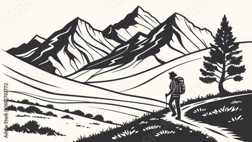 Solitary traveler journeys towards majestic mountain range landscape