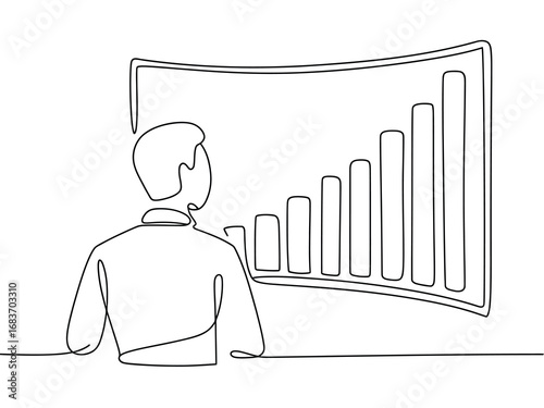 Man viewing upward trend bar chart in continuous line art