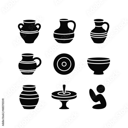 Collection of ancient pottery and ceramic vessels icons vintage style objects