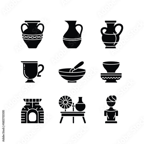 Collection of ancient greek ceramic pottery vessels and figurines artistic silhouettes