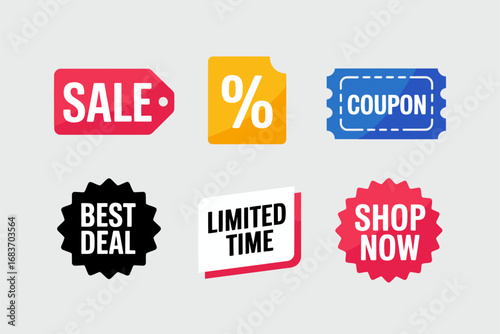 Sale and coupon icons with price tag design, shop now and limited offer illustration, best deal and promotion graphics, online shopping vector set