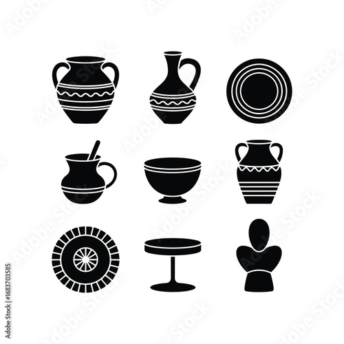 Ancient pottery collection various ancient ceramic vessels and dishes silhouettes displayed together