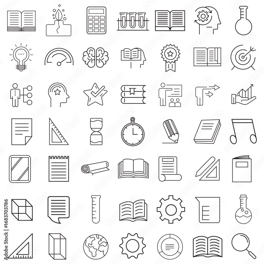 Fototapeta premium Book Line Icons Editable Stroke, Book line vector icon set. The set contains icons: Book, Audiobook, E-Reader, Studying, Tutorial, Personal Organizer, Diary, Reference Book.