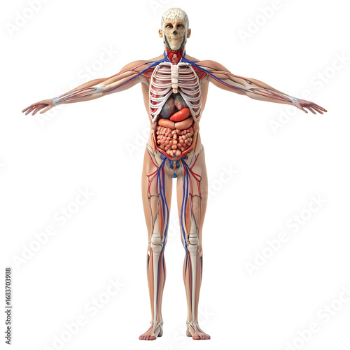 Detailed 3 D Model of Human Anatomy Showing Internal Organs Skeletal System and Circulatory System with Arms Outstretched isolated on a transparent background