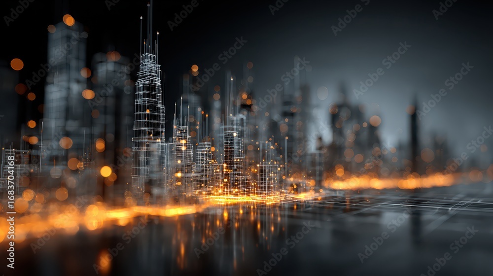 Fototapeta premium Glowing 3D Wireframe City with Data Packets Visualization