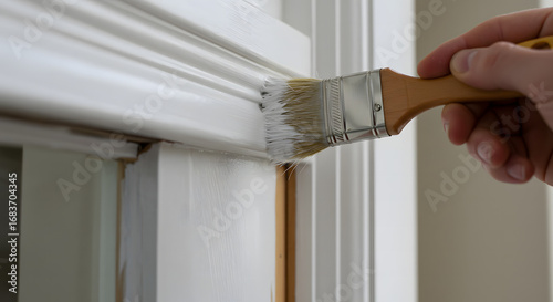 Close up of a hand holding a paintbrush applying white paint to trim and molding for home improvement