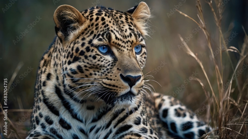 Obraz premium Captivating Portrait of a Wild Leopard with Striking Sapphire Blue Eyes