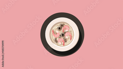 Delicious Shrimp Noodle Soup Bowl on Pink Background for Asian Cuisine Concept Design