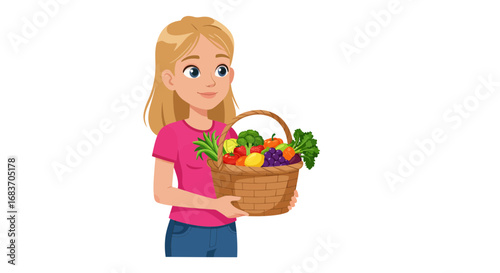 Woman Carrying a Basket of Fresh, Colorful Vegetables and Fruits on a White Background