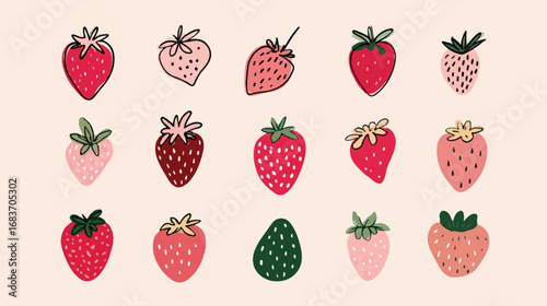 Delightful Strawberry Assortment on Light Pink Background A Whimsical Collection of Fresh Fruit Illustration Sweet Treats