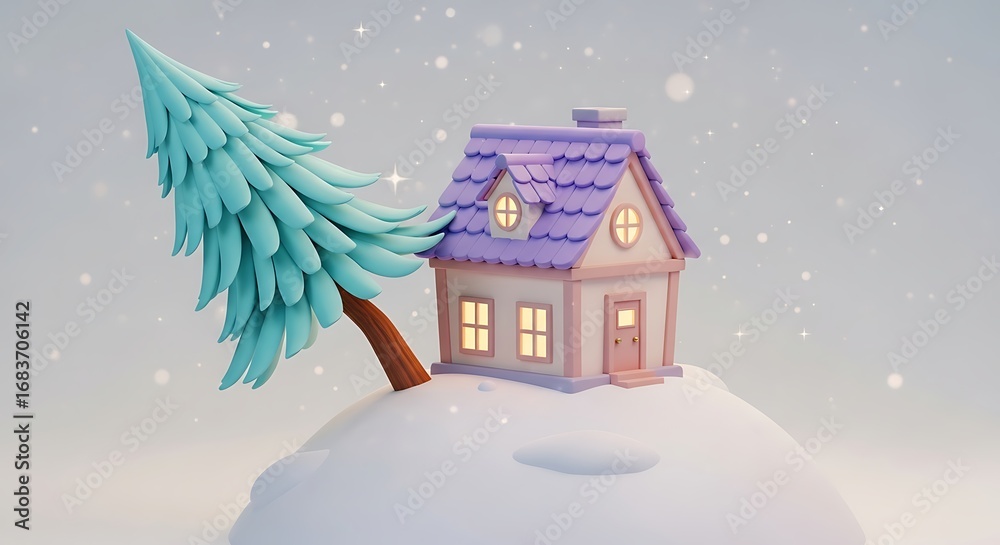 Naklejka premium Cartoon house and tree in snow