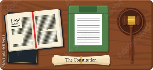 Justice desk with law book, gavel, and constitution scroll